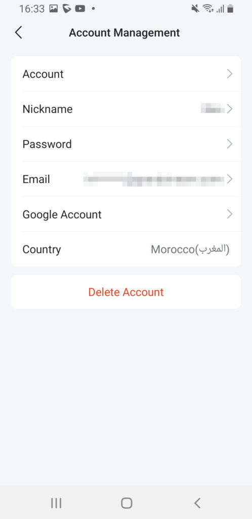 Screenshot_20260513-163335_GS Home - Documentation Center Account Management screen showing fields (Account, Nickname, Password, Email, Google Account, Country: Morocco) and a Delete Account button