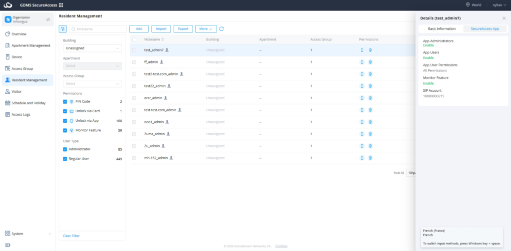 SecureAccess App information - Documentation Center Resident Management dashboard: left filter panel and a list of residents with columns Nickname, Building, Apartment, Access Group, Permissions; right details panel open