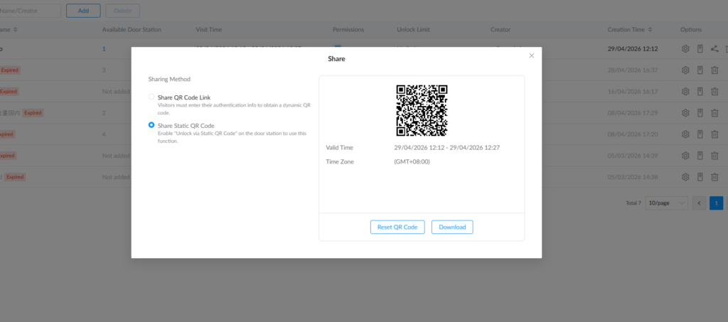 Share QR Code - Documentation Center Share dialog with a QR code and options to reset or download; shows valid time and time zone.