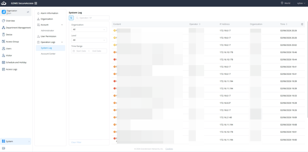System logs - Documentation Center System Log page with filters (Organization, Level, Time Range) and a table of log entries (Content, Operator, IP, Time).