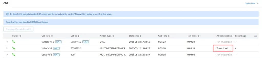 Transcribed_Call_CDR - Documentation Center CDR dashboard with a table of call records: from, to, action type, start and talk times, and transcription status (one entry shows Transcribed).