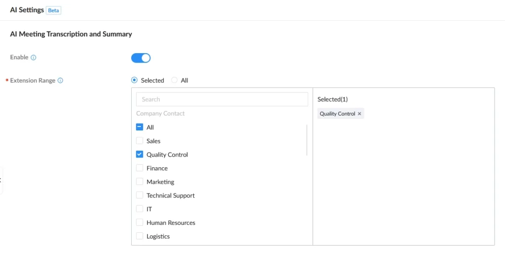 Transcription_Meeting_General_Setting - Documentation Center AI Settings for Meeting Transcription: Enable on; Selected range shows Quality Control; department list with checkboxes and a right pane showing the selected Quality Control tag.