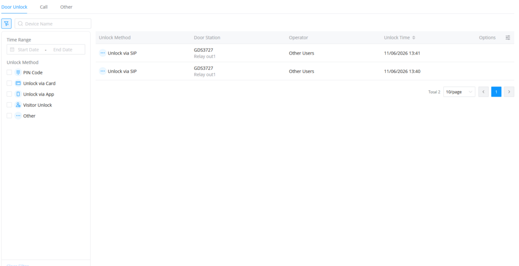 Unlock door logs - Documentation Center Door unlock events dashboard showing two SIP unlocks on GDS3727 Relay out1 by Other Users at 11/06/2026 13:41 and 13:40.