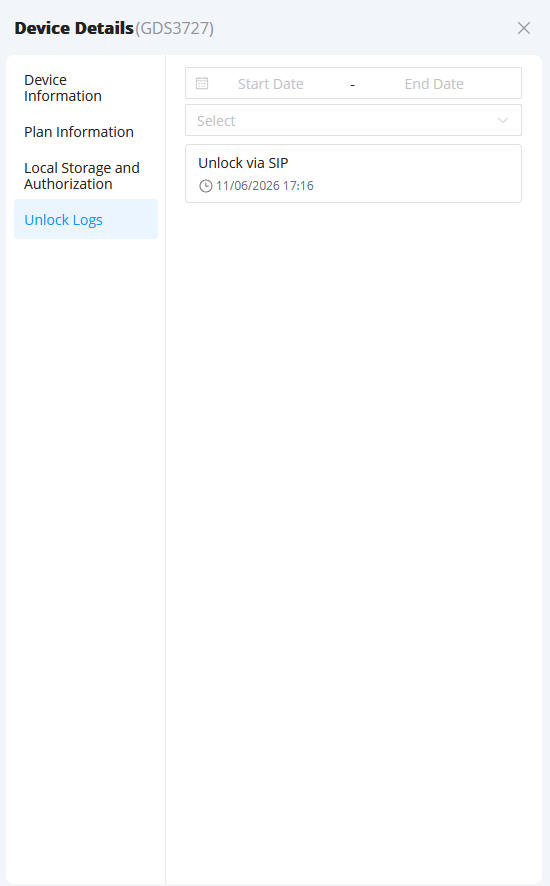 Unlock logs - Documentation Center UI panel showing device details with a left navigation (Device Information, Plan Information, Local Storage and Authorization, Unlock Logs) and an Unlock Logs section listing a SIP unlock event timestamp (11/06/2026 17:16).