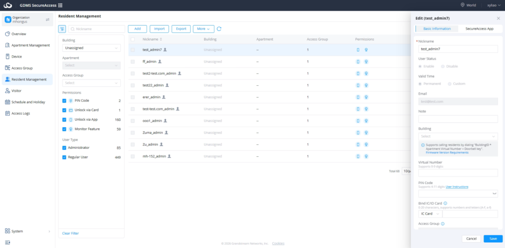 User Mnagament List - Documentation Center Resident Management dashboard: table of user nicknames with building info and a right-hand user detail pane for test_admin7