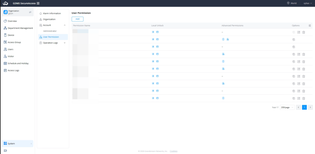 User permissions - Documentation Center Admin panel screenshot: User Permission page with a blue Add button and a long list of permissions, each row showing icons under Local Unlock and Advanced Permissions with action icons on the right.