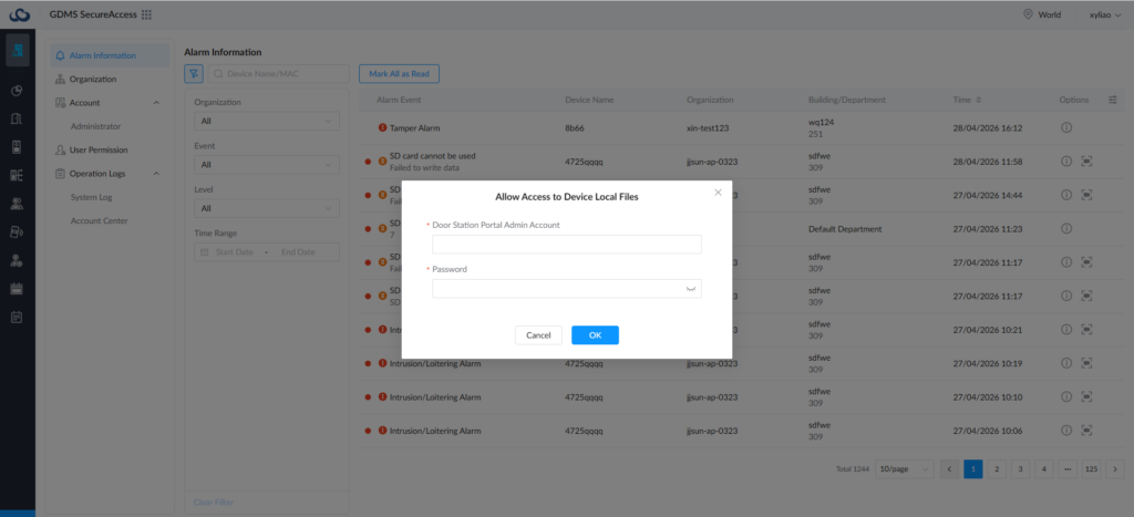 View Capture Identity Verification - Documentation Center Modal: Allow Access to Device Local Files with fields for Door Station Portal Admin Account and Password, plus Cancel and OK buttons; dashboard visible behind.