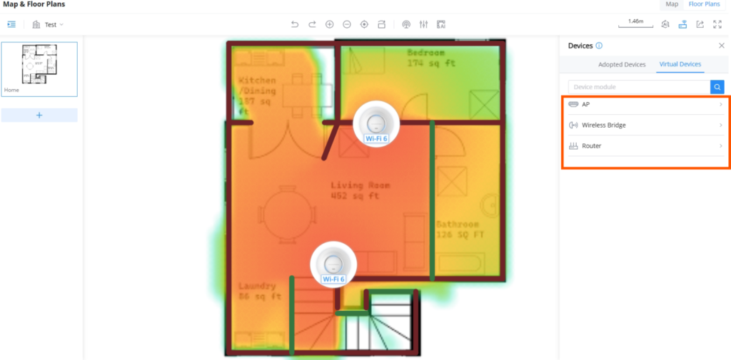 Floor plan heatmap showing Wi‑Fi signal strength with two access points labeled Wi‑Fi 6 across rooms