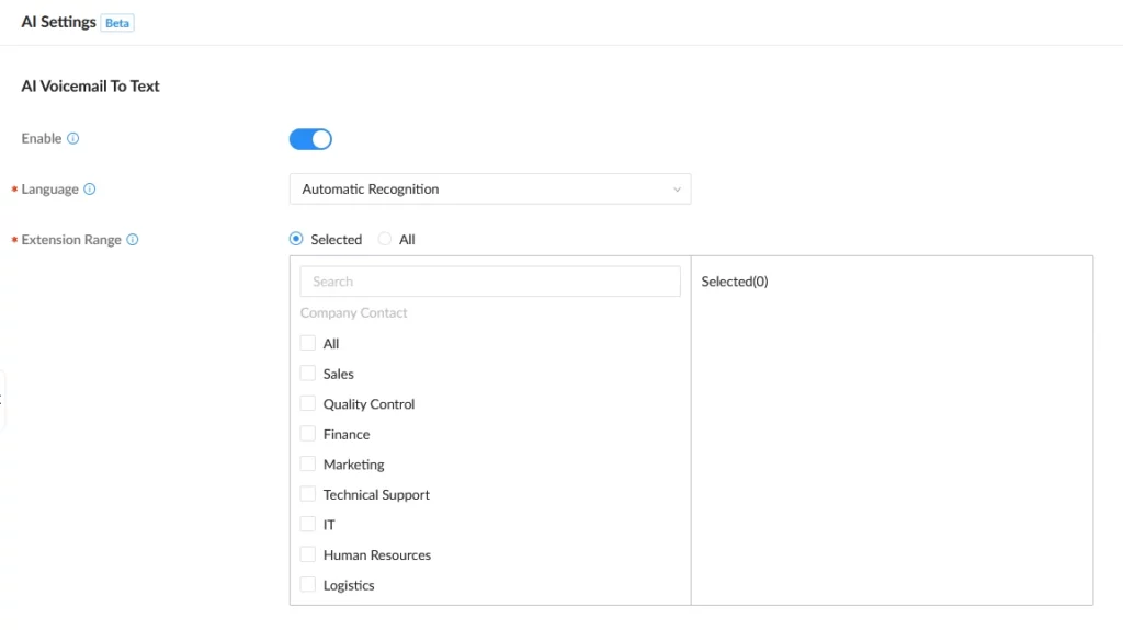 Voicemail_AI_Feature - Documentation Center Screen view of AI Voicemail To Text settings: Enable toggle on, Language set to Automatic Recognition, Extension Range with Selected and a departments list with checkboxes (All, Sales, Quality Control, Finance, Marketing, Technical Support, IT, Human Resources, Logistics).