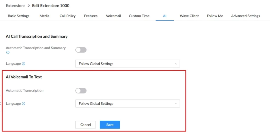 Voicemail_AI_FeatureExtension Level - Documentation Center AI settings panel with Transcription toggle and language selector; section 'AI Voicemail To Text' includes its own toggle, language dropdown, Cancel and Save buttons.