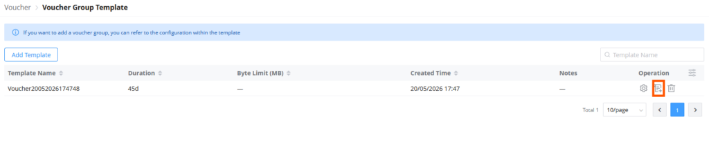 Voucher Group Template page showing one template entry named Voucher20052026174748 with a 45-day duration and action icons on the right side.