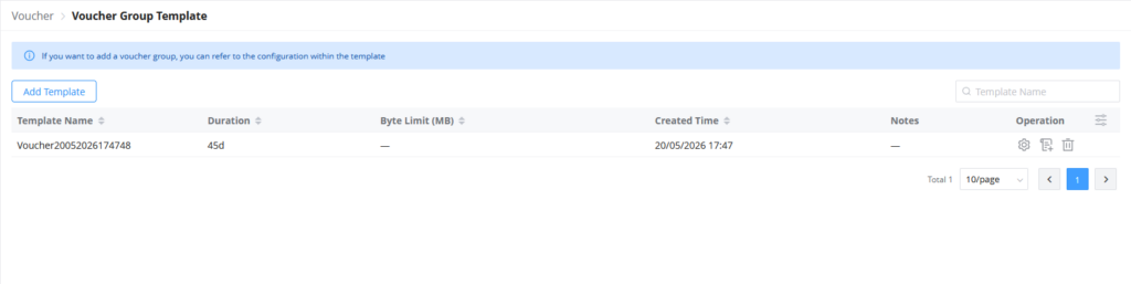 Voucher Group Template list showing one template Voucher20052026174748 (45d), created 20/05/2026 17:47, with action icons.