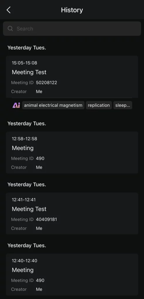 Wave_Mobile_Meeting_History - Documentation Center History screen listing past meetings with times, titles, IDs, and Creator: Me (dark UI).