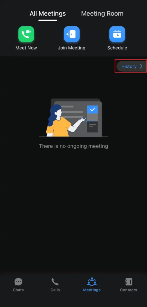 Wave_Mobile_Meeting_Tab - Documentation Center Meeting app screen showing options Meet Now, Join Meeting, Schedule; a History button on the right; illustration with caption 'There is no ongoing meeting' indicating no current meeting.