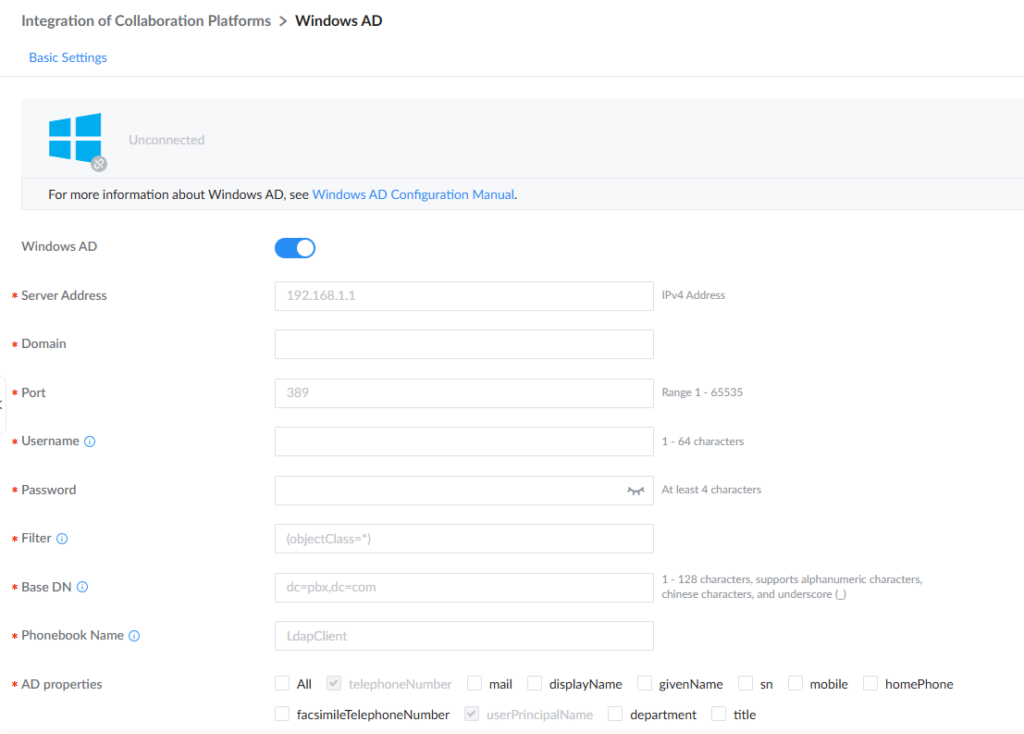 Windows AD integration settings page with a toggle on and fields for server, domain, port, username, password, and base DN on a white admin UI.