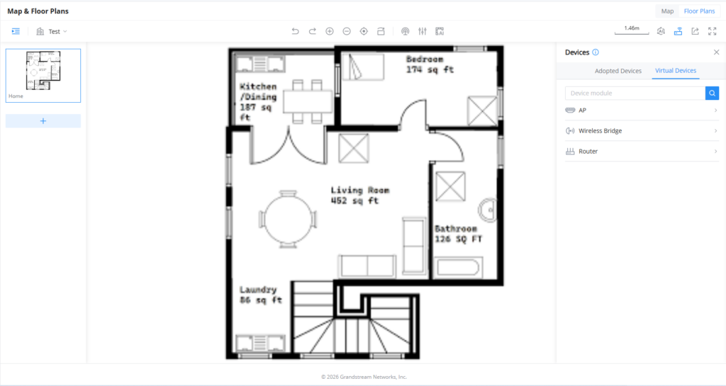 Floor plan of a home showing Living Room, Kitchen/Dining, Bedroom, Bathroom and Laundry with furniture layout and room sizes noted (sq ft).