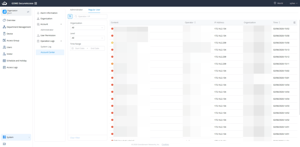 account center for users - Documentation Center GDMS SecureAccess admin dashboard showing Account Center with log entries and IP addresses across a table view, including timestamps.