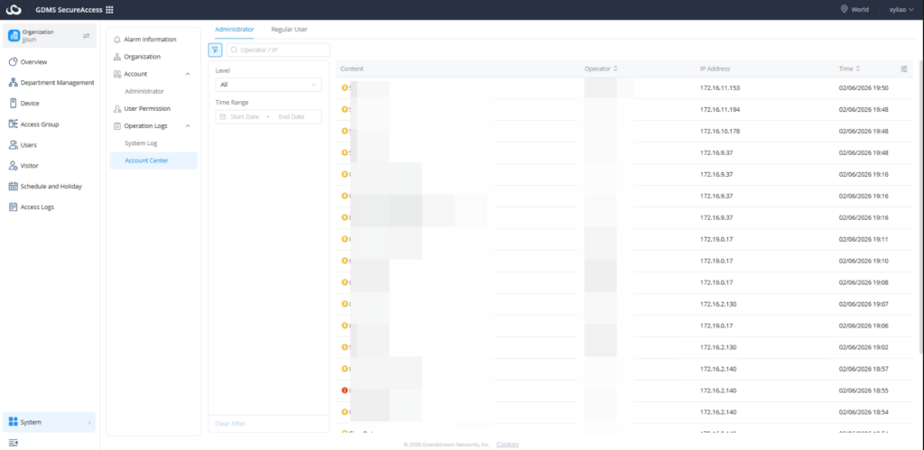 account center logs for administrators - Documentation Center Administrative console UI showing Organization > Account Center with a left navigation rail and a main table listing IP addresses and timestamps for user activity by time.