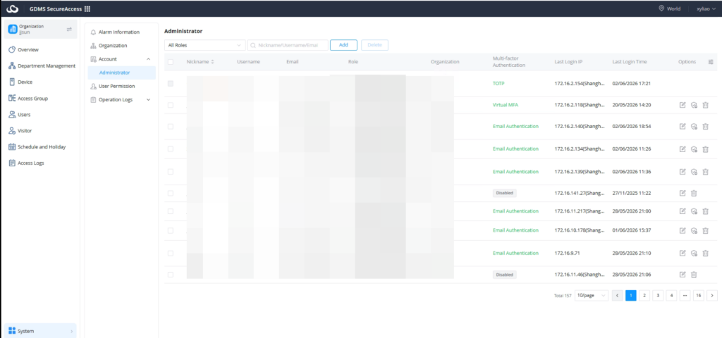 account management - Documentation Center GDMS Admin panel: user list with roles and last login, left navigation visible in the sidebar