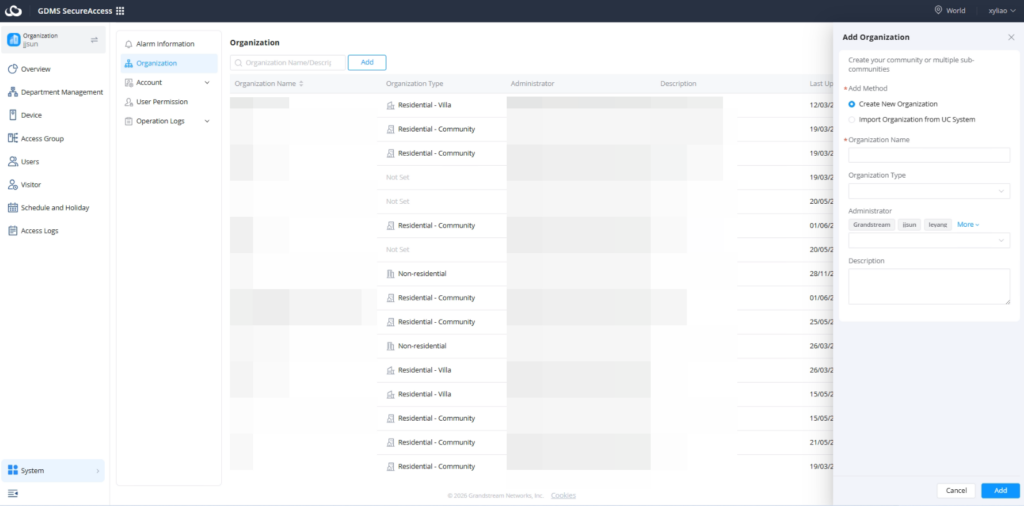add organization - Documentation Center GDMS SecureAccess: Organization management screen with a list of organizations, search and Add controls, plus a right-side Add Organization form panel.