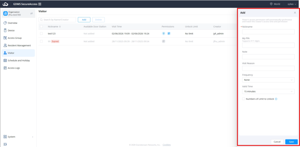 add visitor - Documentation Center Add visitor form in a modal: fields for nickname, PIN, note, visit reason, frequency, valid time, unlock limit, with Cancel and Save buttons.