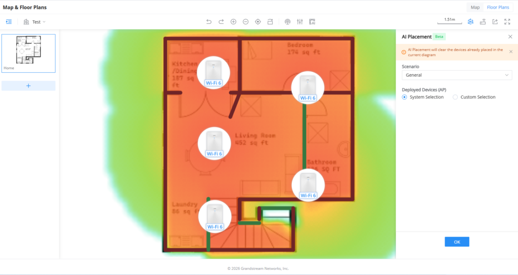 Floor plan of a home with rooms labeled Living Room, Kitchen, Bedroom; orange heat map overlay and several Wi‑Fi 6 access points marked on white circles.