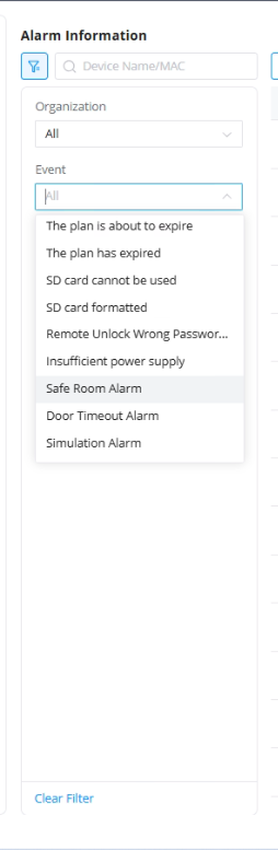 alarm filter - Documentation Center Alarm Information panel with Organization and Event dropdowns; Event list shows alarms like The plan is about to expire, Safe Room Alarm, Door Timeout Alarm, Simulation Alarm, etc.