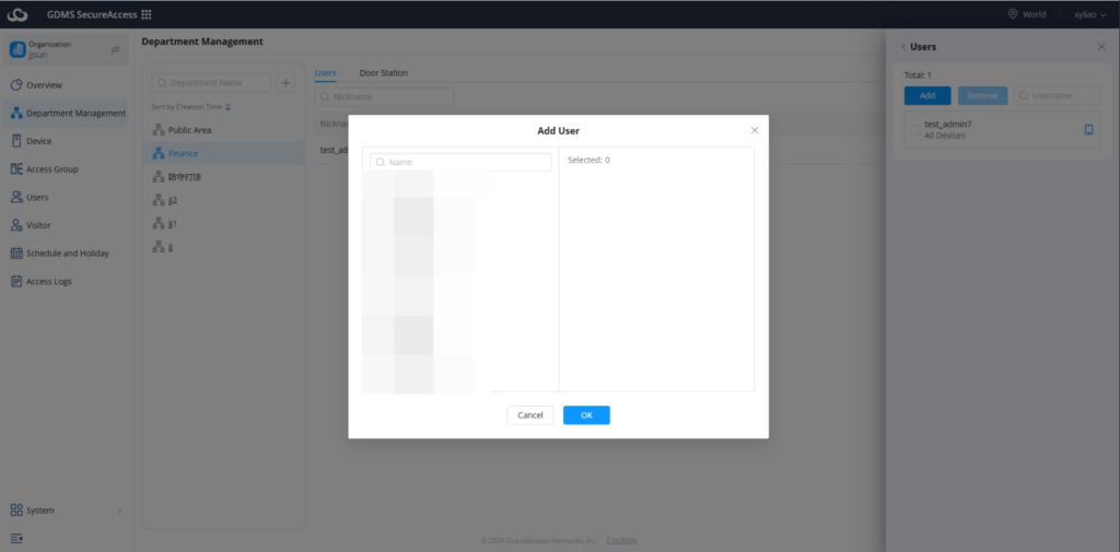 associate users - Documentation Center Modal titled 'Add User' with a left user list and a right empty selection panel; contains search field and Cancel/OK buttons