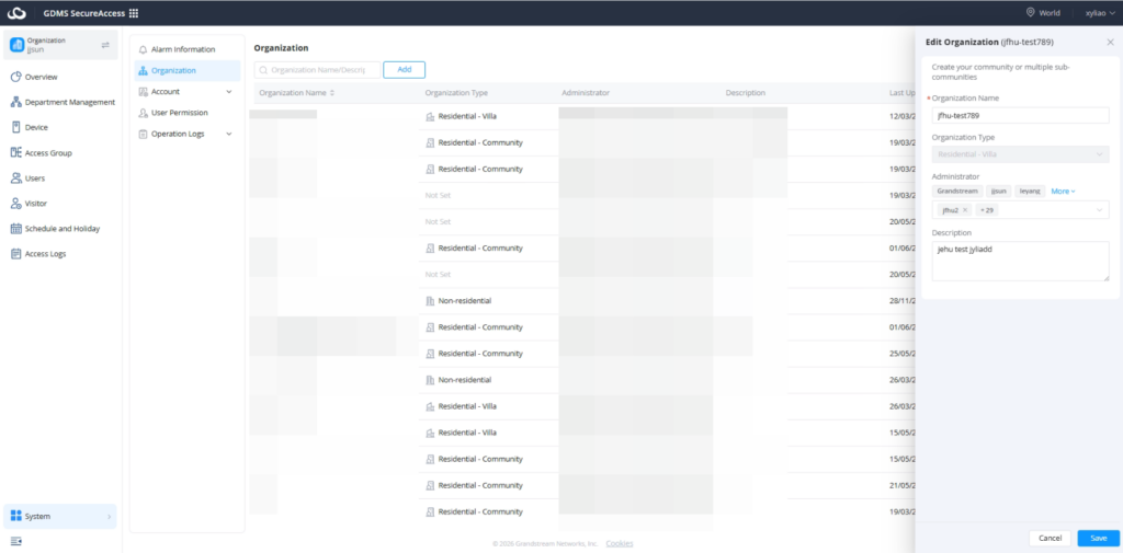 edit organizations - Documentation Center Web-based admin dashboard showing Organization management with a left navigation menu and a right side edit panel for jfhu-test789 organization