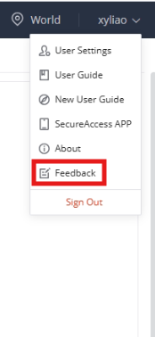 feedback - Documentation Center Dropdown user menu with options like User Settings, User Guide, About, Feedback, and Sign Out; Feedback is highlighted.
