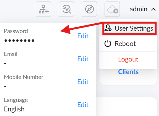 image - Documentation Center Admin panel showing profile fields (Password, Email, Mobile Number, Language) each with Edit links; right-side menu includes User Settings, Reboot, Logout.