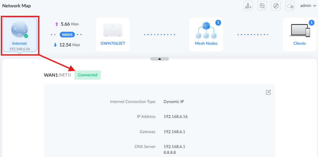 image - Documentation Center Network map showing Internet tile with IP 192.168.6.16 on the left; WAN1 connected to the gateway 192.168.6.1 and DNS 8.8.8.8.