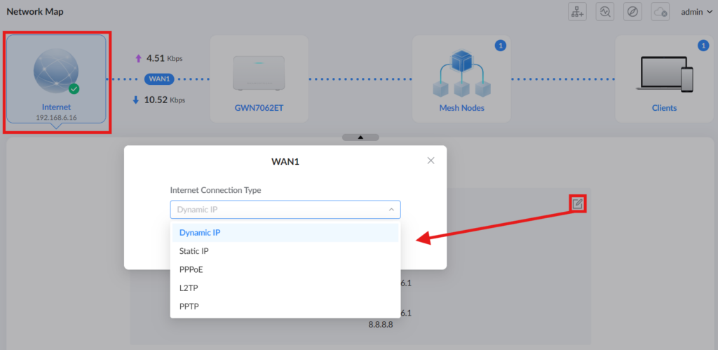 image - Documentation Center Highlighted Internet node showing IP 192.168.6.16 on a network map (left) with WAN1 modal open in center and an edit icon on a card (right).