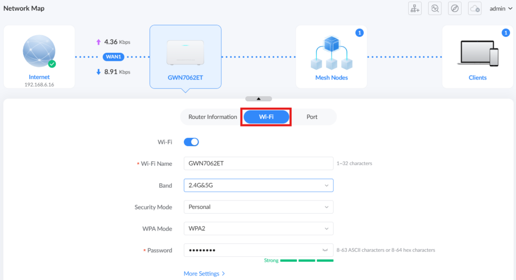 image - Documentation Center Network map showing Internet → router GWN7062ET → Mesh Nodes → Clients; Wi‑Fi settings panel with name GWN7062ET, 2.4G/5G, Personal WPA2, password hidden.