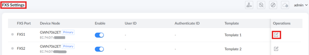 image 2 telephony → fxs settings page part 1 - Documentation Center FXS Settings page with a two-row table listing FXS ports, device nodes, enable toggles, templates, and an Edit option in Operations