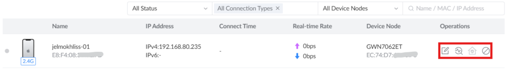 image - Documentation Center Row for device jelmokhliss-01 showing IPv4 192.168.80.235, no IPv6, real-time rate 0bps up/down, device node GWN7062ET (MAC EC:74:...); Actions: Edit, Diagnostics/Refresh, Settings, Remove