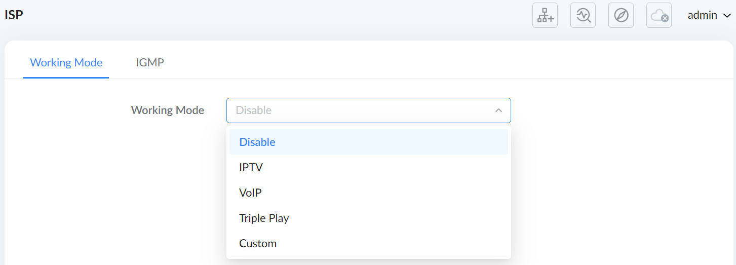 image - Documentation Center Dropdown labeled Working Mode in the ISP admin panel, showing options Disable, IPTV, VoIP, Triple Play, Custom.