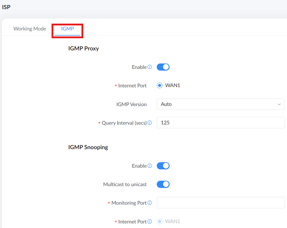 image - Documentation Center IGMP settings panel with Proxy and Snooping options; IGMP tab selected, WAN1 port, Auto version, 125s query interval, toggles on for Enable and Multicast to Unicast, and Monitoring Port field.