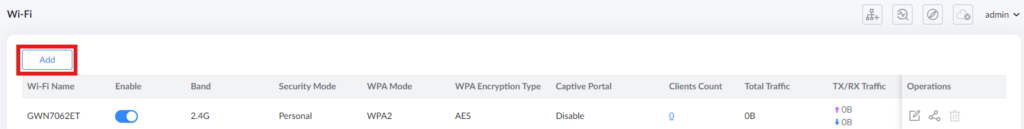 image - Documentation Center Wi‑Fi management panel showing an Add button and one network named GWN7062ET with its settings (on, 2.4G, Personal, WPA2, AES, Disabled).
