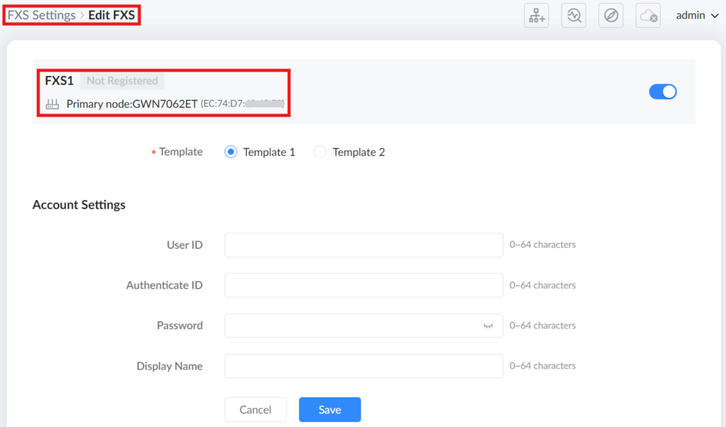 image 3 telephony → fxs settings page → after click on edit part 2 - Documentation Center Settings page for editing an FXS entry; shows FXS1 with Not Registered status and primary node GWN7062ET, plus an on/off toggle.