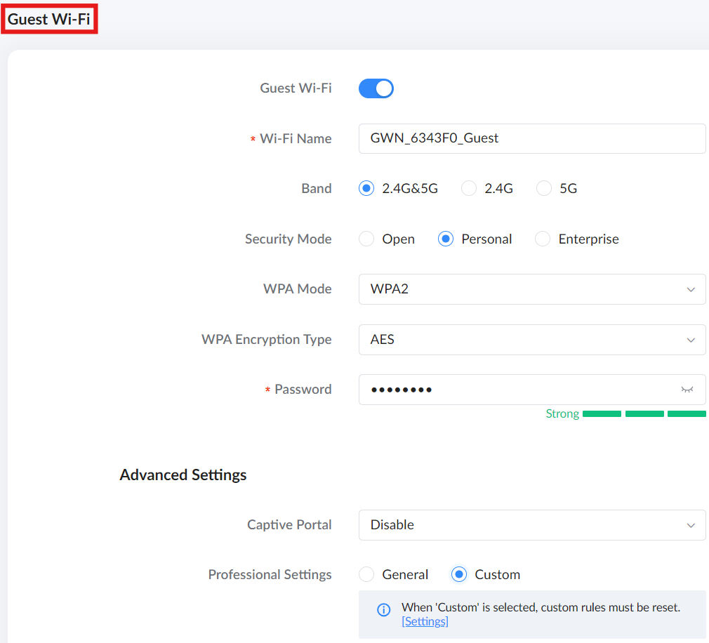 image - Documentation Center Login-free Wi‑Fi form titled 'Guest Wi-Fi' with name, security, and password fields