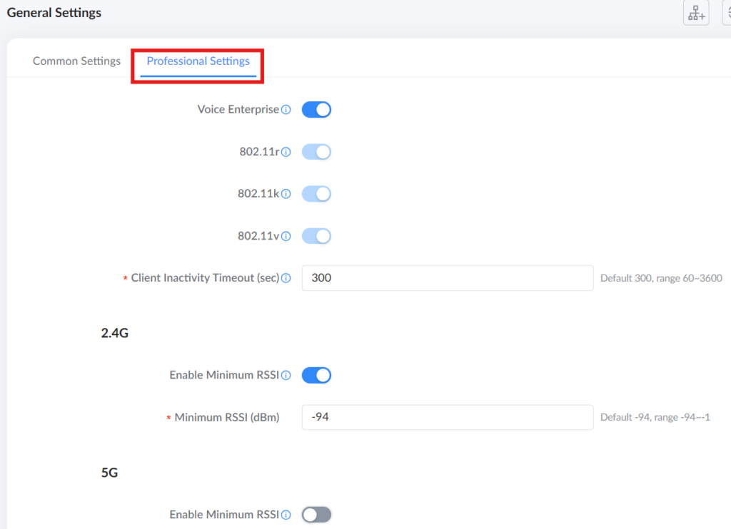 image - Documentation Center Professional Settings tab with toggles for Voice Enterprise and Wi‑Fi features (802.11r, 802.11k, 802.11v) and a Client Inactivity Timeout of 300s, in a General Settings UI