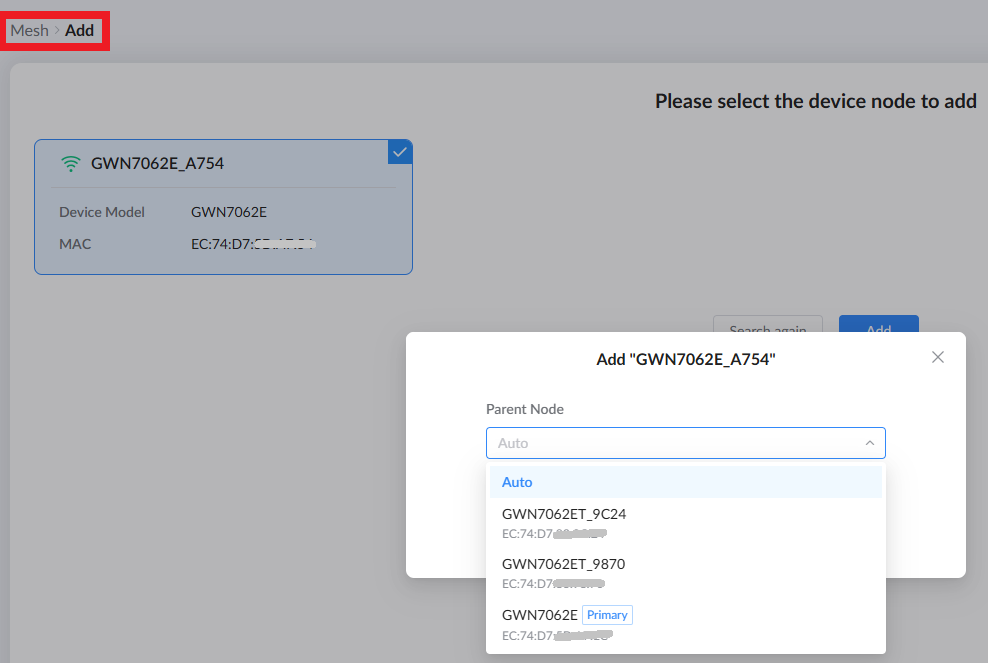image - Documentation Center Breadcrumb Mesh > Add and a modal to add device 'GWN7062E_A754' with a Parent Node dropdown.