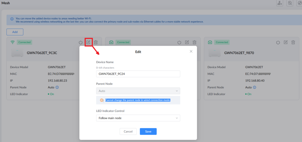 image - Documentation Center Edit device dialog for GWN7062ET_9C24 in a mesh network dashboard, with fields for parent node, LED control, and a warning about wired mode.