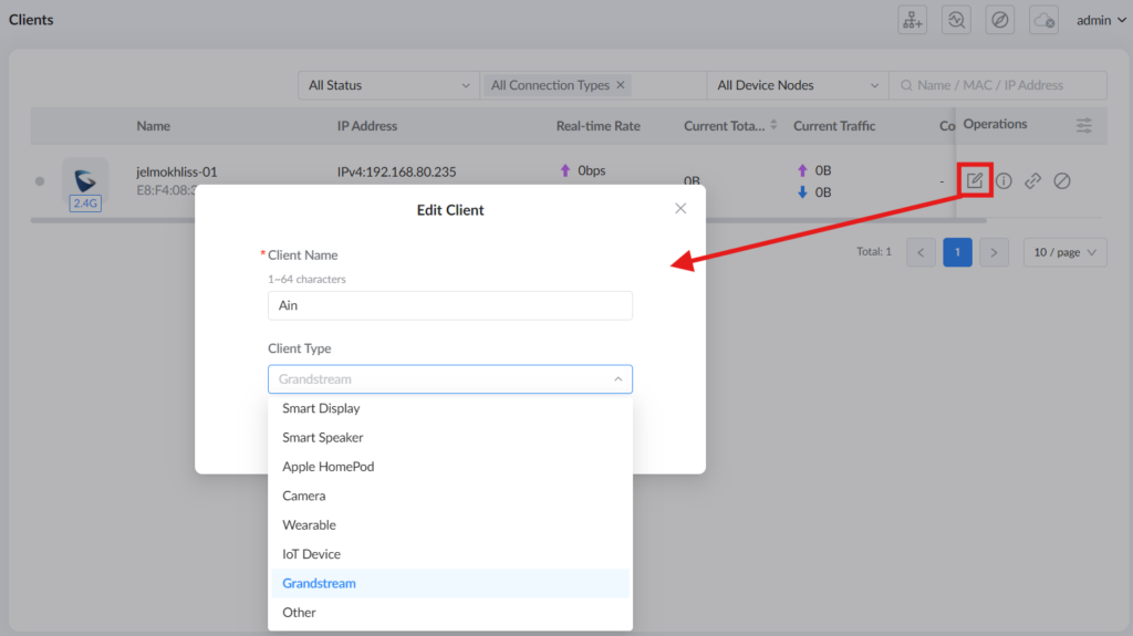 image - Documentation Center Modal titled Edit Client over a Clients table; form shows Client Name with 'Ain' and a dropdown of Client Type including Grandstream, Smart Display, Smart Speaker, Apple HomePod, Camera, Wearable, IoT Device; edit icon on the row is highlighted by a red arrow in the background.