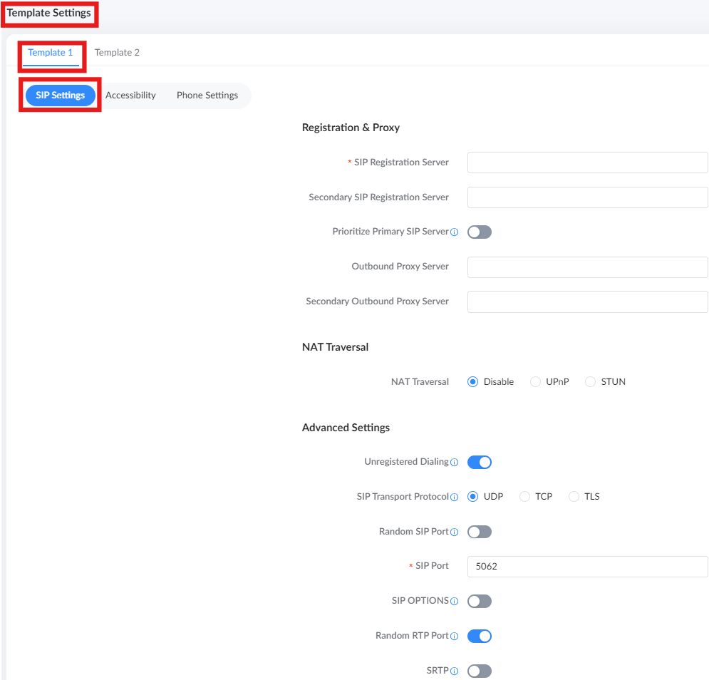 image 4 telephony → template settings → tempalte 1 → sip setting page part 1 - Documentation Center Template Settings page with Template 1 tab active and SIP Settings highlighted; shows a form for Registration & Proxy, NAT Traversal, and Advanced Settings with toggles and text fields.