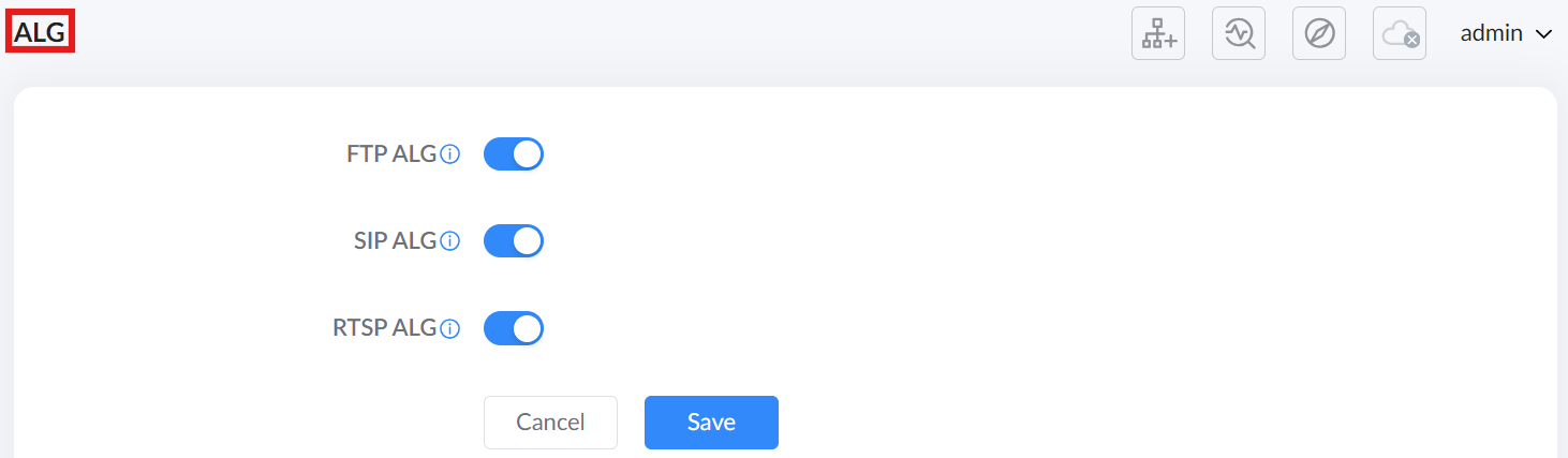 image - Documentation Center ALG settings panel with three toggles for FTP, SIP, and RTSP, plus Cancel and Save buttons