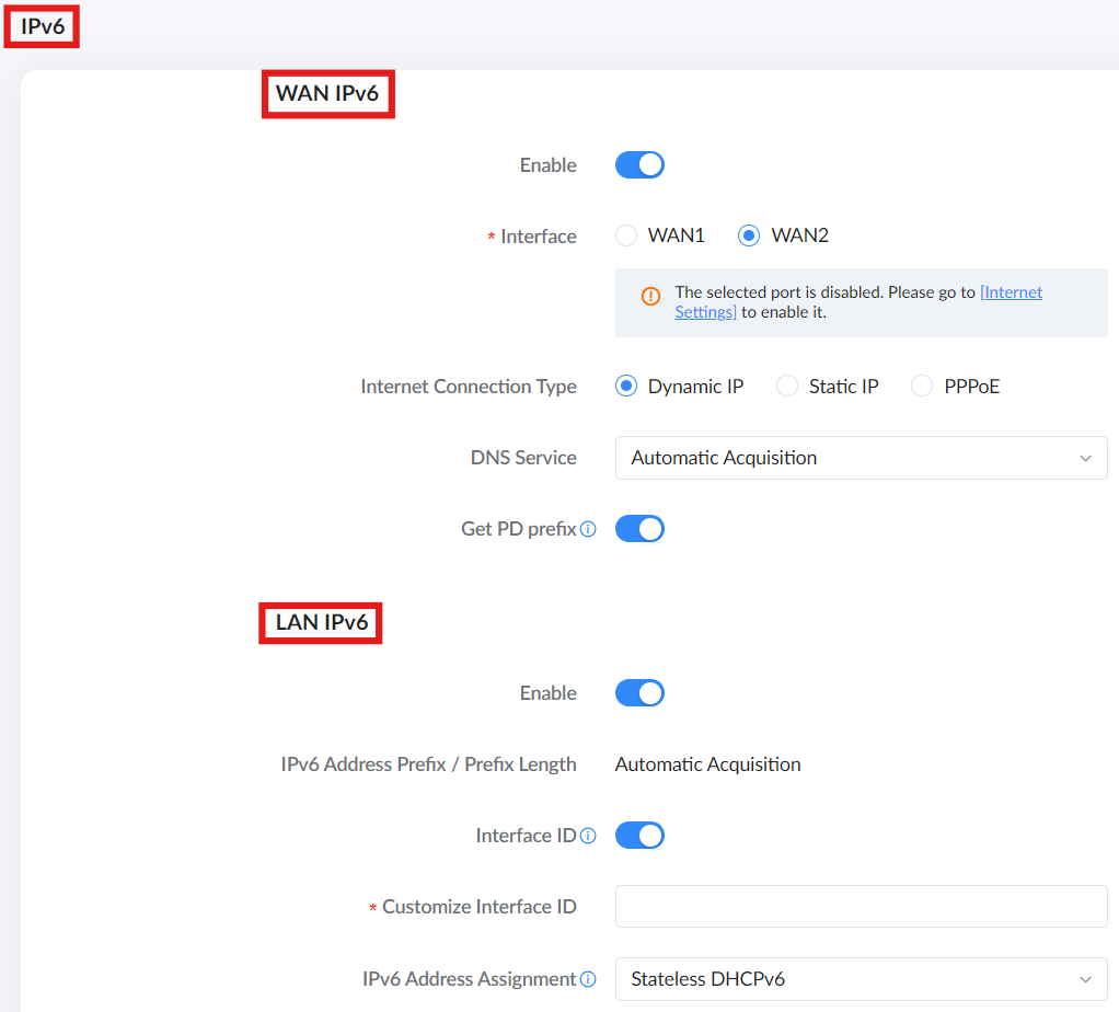 image - Documentation Center Screenshot of a network settings page showing IPv6 configuration sections for WAN IPv6 and LAN IPv6, with enable toggles and interface options (WAN1/WAN2, Dynamic IP, DNS Service, Get PD prefix, Interface ID, and IPv6 Address Assignment).