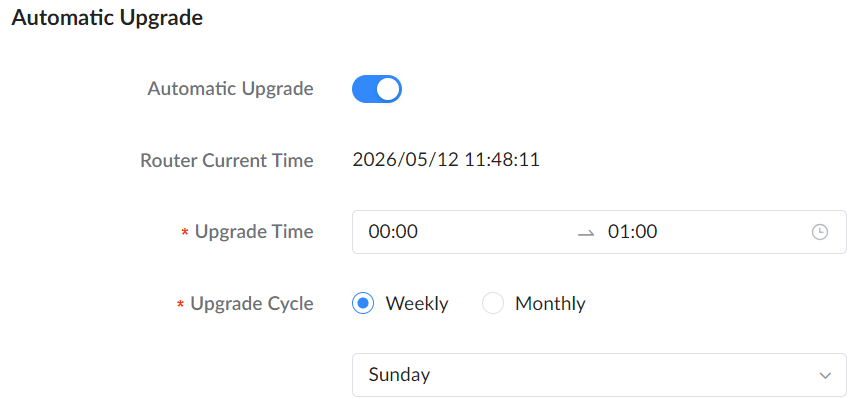 image - Documentation Center Automatic Upgrade is ON; router time 2026/05/12 11:48:11; upgrade window 00:00–01:00; weekly on Sunday.
