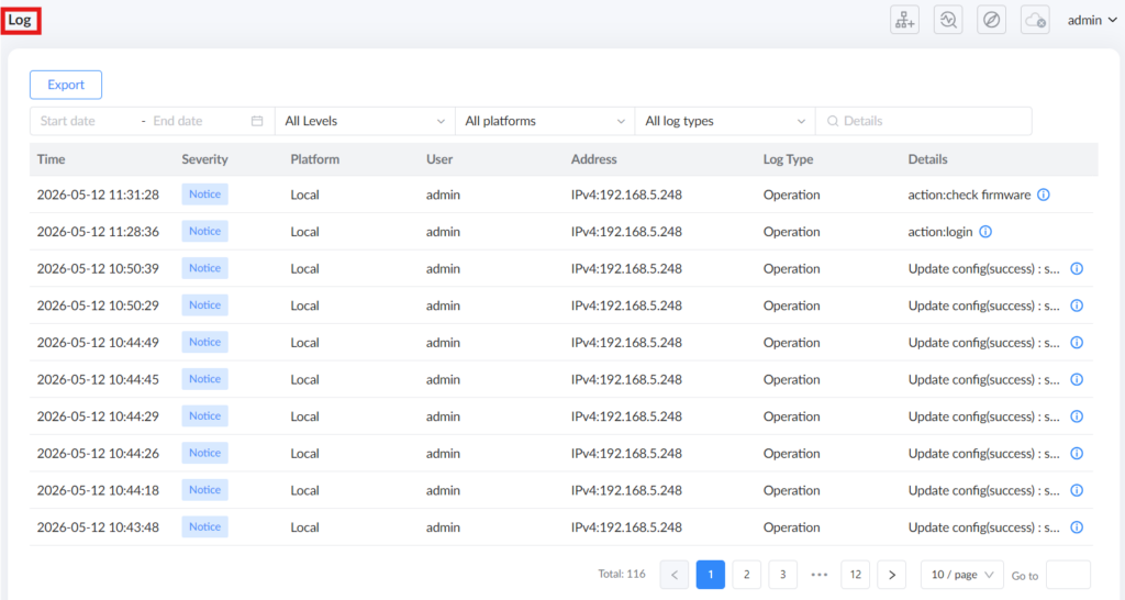 image - Documentation Center Log management screen with an Export button and a table of recent entries (Time, Severity, Platform, User, Address, Log Type, Details)